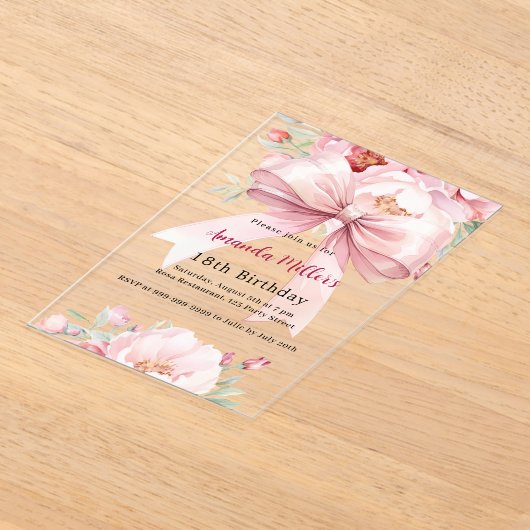 Invitations En Acrylique Bow rose fleurons élégant clair anniversaire (Poser)