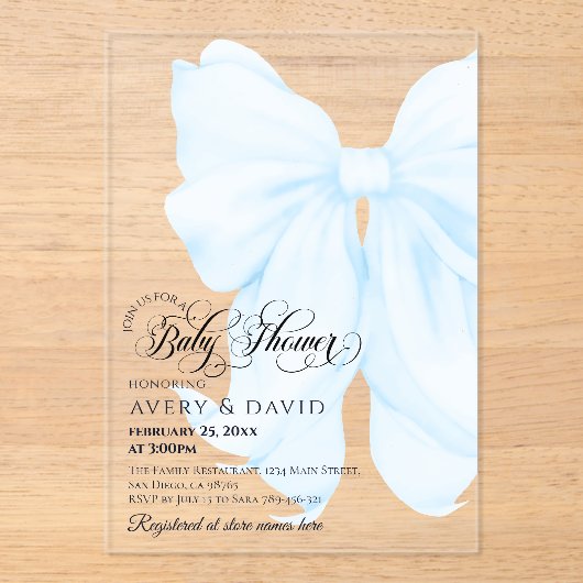Invitations En Acrylique Boy Blue Bow Moderne Baby shower élégant (Recto)