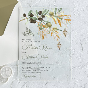 Invitations En Acrylique Branche d'or olivier Lanterne arabe Mariage islami