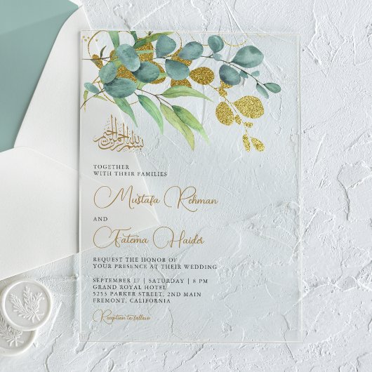 Invitations En Acrylique Branche dorée de eucalyptus rustique pour mariage