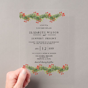 Invitations En Acrylique Branches Rustiques de Houx Hiver Noël Mariage En