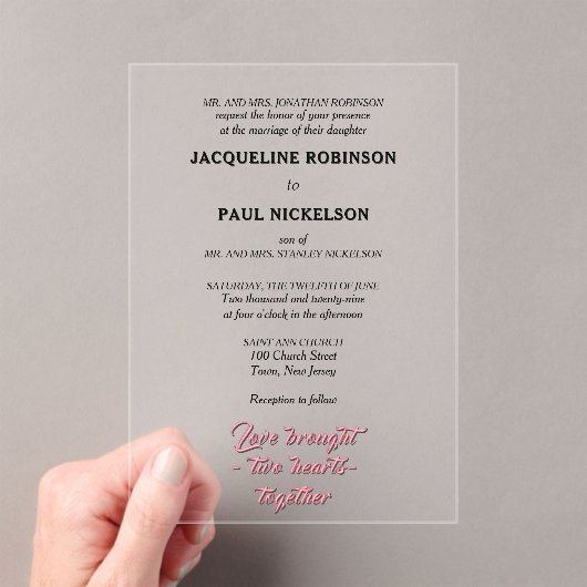 Invitations En Acrylique Bride et pièce noire et rose clair (In situ (ordinateur de poche))