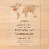 Invitations En Acrylique Bronze Marble World Map Traveling Hearts Wedding (Recto)