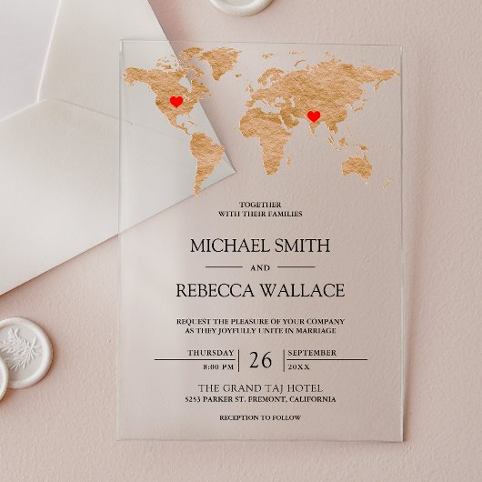 Invitations En Acrylique Bronze Marble World Map Traveling Hearts Wedding
