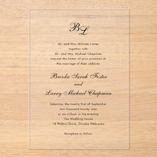 Invitations En Acrylique Brooke Classic Script Monogramme Mariage élégant (Recto)