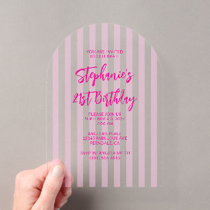 Invitations En Acrylique Brosse à rayures roses pour 21e anniversaire