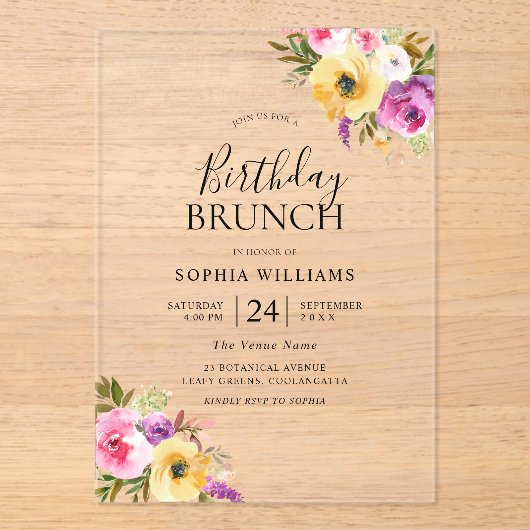 Invitations En Acrylique Brosse Purple Blush Womans Anniversaire Fête Brunc (Recto)