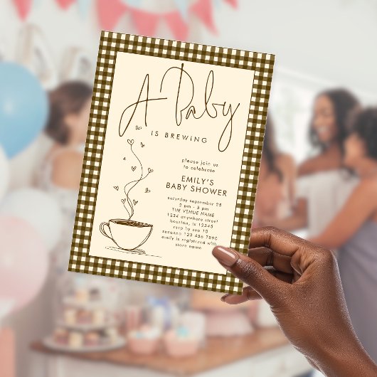 Invitations En Acrylique Brown Gingham Coffee Baby is Brewing Shower 
