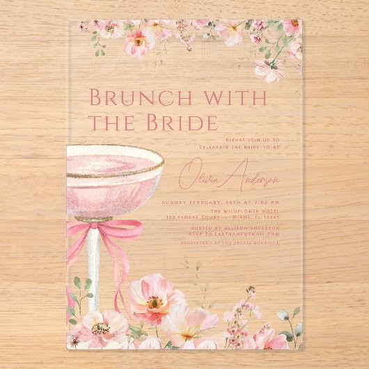 Invitations En Acrylique Brunch avec la Fête des mariées Bride Pink Bow (Recto)