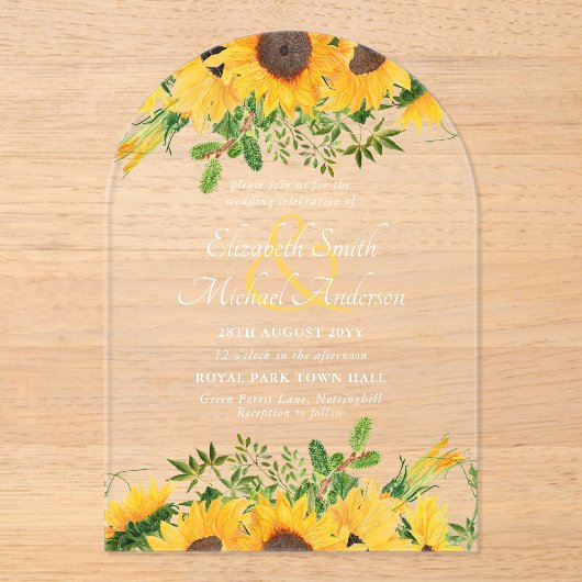 Invitations En Acrylique BUDGET Acrylique Clair Mariage Inviter Tournesols (Recto)