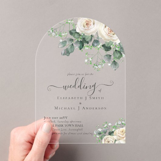 Invitations En Acrylique BUDGET Acrylique clair Mariage Roses blanches verd (In situ (ordinateur de poche))