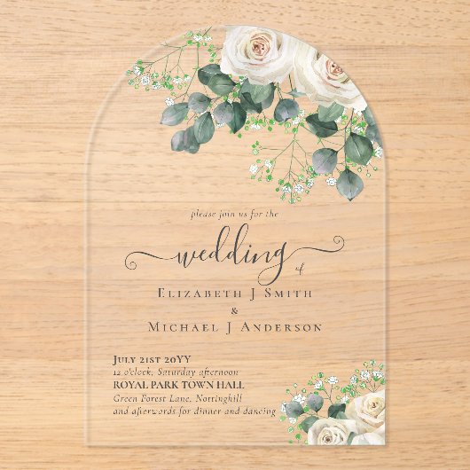 Invitations En Acrylique BUDGET Acrylique clair Mariage Roses blanches verd (Recto)