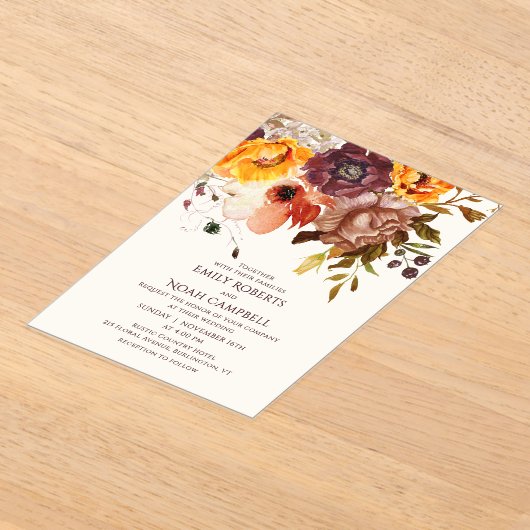 Invitations En Acrylique Budget Automne Rustique Plum Orange Floral Mariage (Poser)