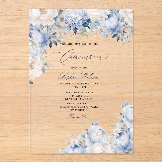 Invitations En Acrylique Budget Moderne Dusty Blue Floral Quinceañera (Recto)