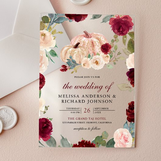 Invitations En Acrylique Burgundy and Peach Floral Pumpkin Wedding