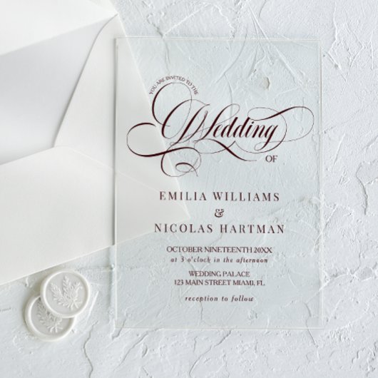 Invitations En Acrylique Burgundy Baroque Elegant Wedding