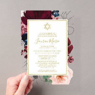 Invitations En Acrylique Burgundy Bleu Nuit Floral Bat Mitzvah