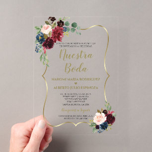 Invitations En Acrylique Burgundy Bleu Nuit Floral Espagnol Nuestra Boda