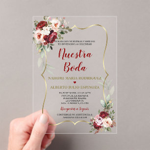 Invitations En Acrylique Burgundy Blush Floral Automne Mariage Espagnol Nue