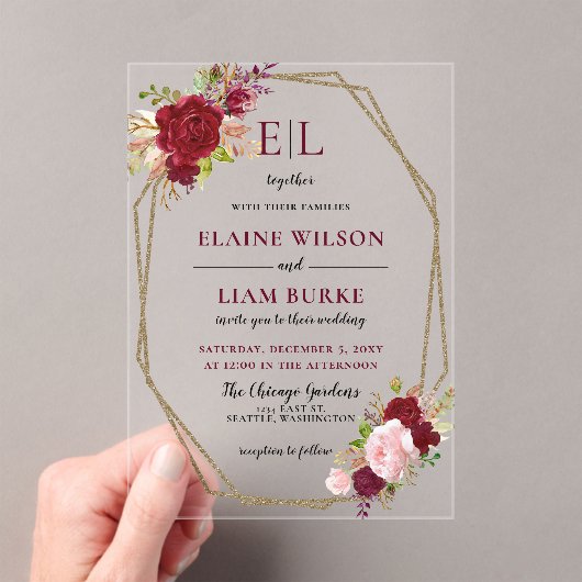 Invitations En Acrylique Burgundy Blush Gold Floral Mariage (In situ (ordinateur de poche))