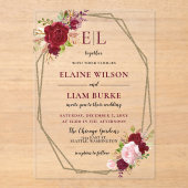 Invitations En Acrylique Burgundy Blush Gold Floral Mariage (Recto)