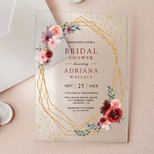 Invitations En Acrylique Burgundy Blush Pink Roses Geometric Bridal Shower