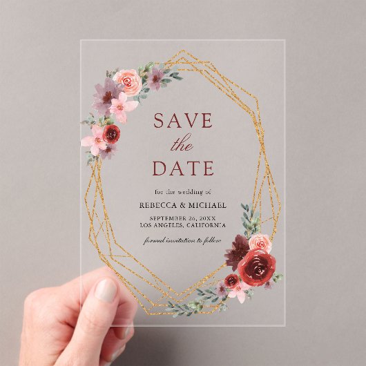 Invitations En Acrylique Burgundy Blush Rose Roses Mariage Enregistrer la d (In situ (ordinateur de poche))