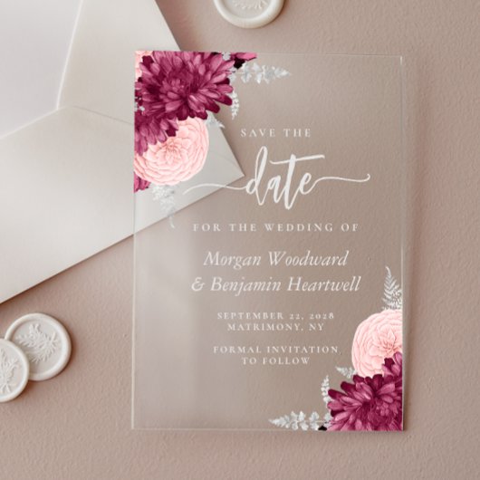 Invitations En Acrylique Burgundy Blush Silver Floral Wedding Save the Date