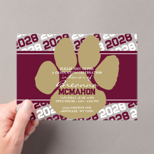 Invitations En Acrylique Burgundy & Bronze Gold Pawprint Graduation Frosted