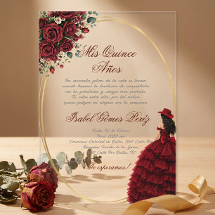 Invitations En Acrylique Burgundy floral cowgirl Quinceanera espagnol