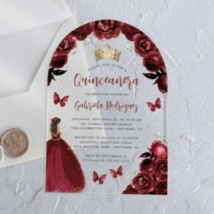 Invitations En Acrylique Burgundy Floral Roses Aquarelle Quinceañera