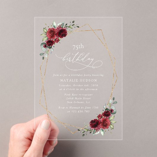 Invitations En Acrylique Burgundy Flowers, Red Flowers, Boho, Birthday (In situ (ordinateur de poche))