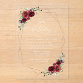 Invitations En Acrylique Burgundy Flowers, Red Flowers, Boho, Birthday (Recto)