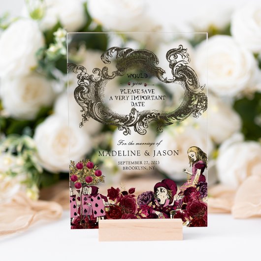 Invitations En Acrylique Burgundy Gold Alice au pays des merveilles Mariage