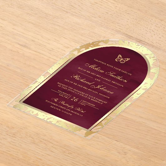 Invitations En Acrylique Burgundy Gold Line Art Arch Butterfly Wedding (Poser)