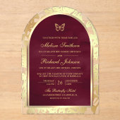 Invitations En Acrylique Burgundy Gold Line Art Arch Butterfly Wedding (Recto)