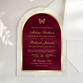 Invitations En Acrylique Burgundy Gold Line Art Arch Butterfly Wedding