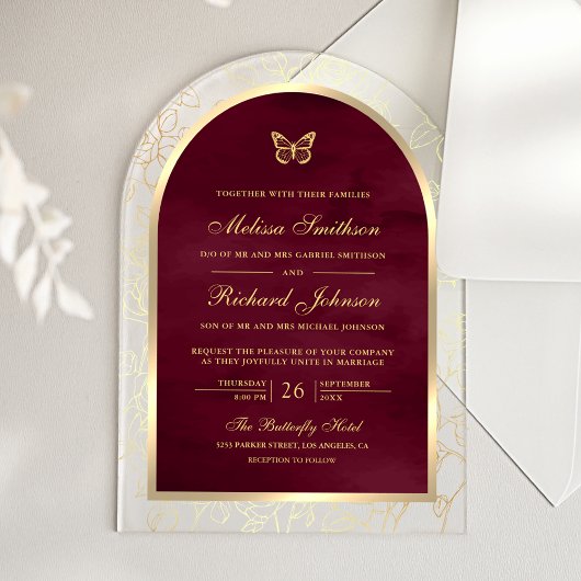 Invitations En Acrylique Burgundy Gold Line Art Arch Butterfly Wedding