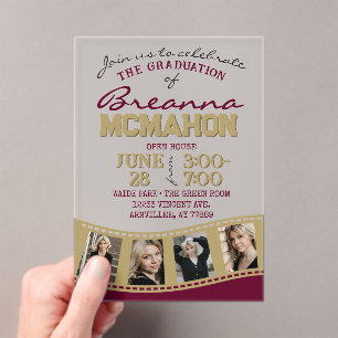 Invitations En Acrylique Burgundy & Gold Photo Graduate Filmstrip Frosted