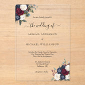 Invitations En Acrylique Burgundy Navy Floral Élégant Mariage de script off (Recto)