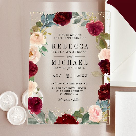 Invitations En Acrylique Burgundy Peach Floral Wedding