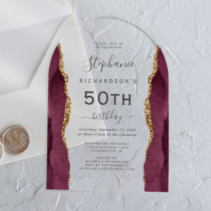 Invitations En Acrylique Burgundy Red Gold Agate 50e Anniversaire Arche