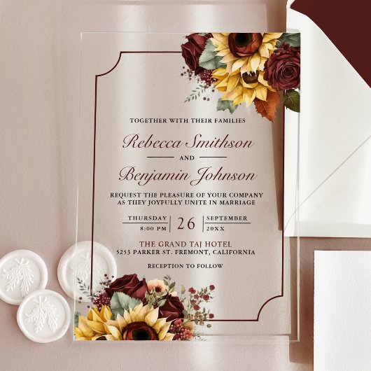 Invitations En Acrylique Burgundy Roses Sunflowers Wedding