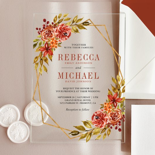 Invitations En Acrylique Burnt Orange Floral Gold Frame Autumn Fall Wedding
