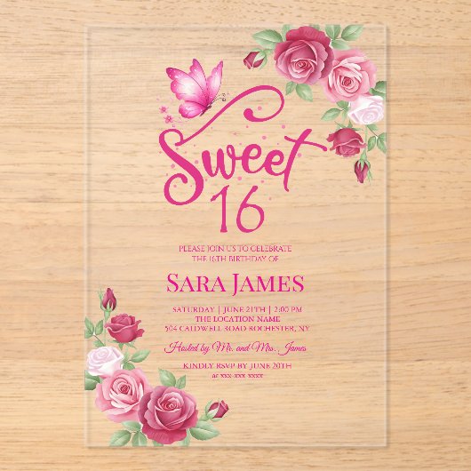 Invitations En Acrylique Butterfly Enchanted Rose Sweet 16 Birthday (Recto)