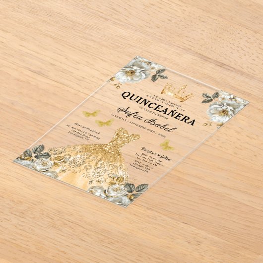 Invitations En Acrylique Butterfly Floral Gold Princess Quinceanera (Poser)