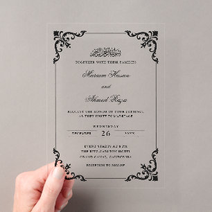 Invitations En Acrylique Cadre Antique Rococo Noir Mariage Musulman Script