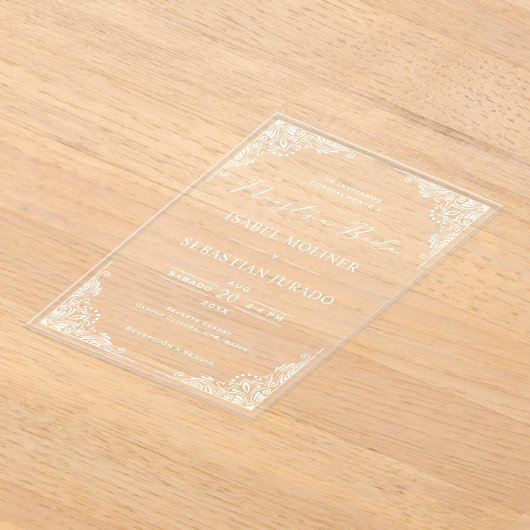 Invitations En Acrylique Cadre blanc Ornate Nuestra Boda Mariage espagnol (Poser)
