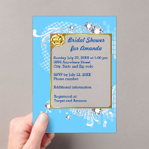 Invitations En Acrylique Cadre Bleu & Or & Diamants Image Baby Shower