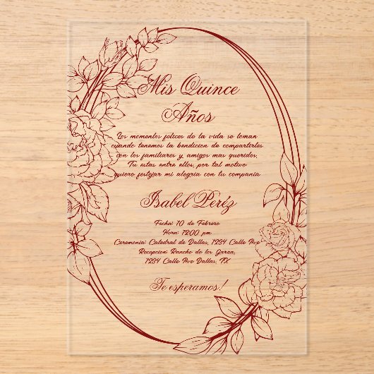 Invitations En Acrylique Cadre bordeaux Quinceanera espagnole (Recto)